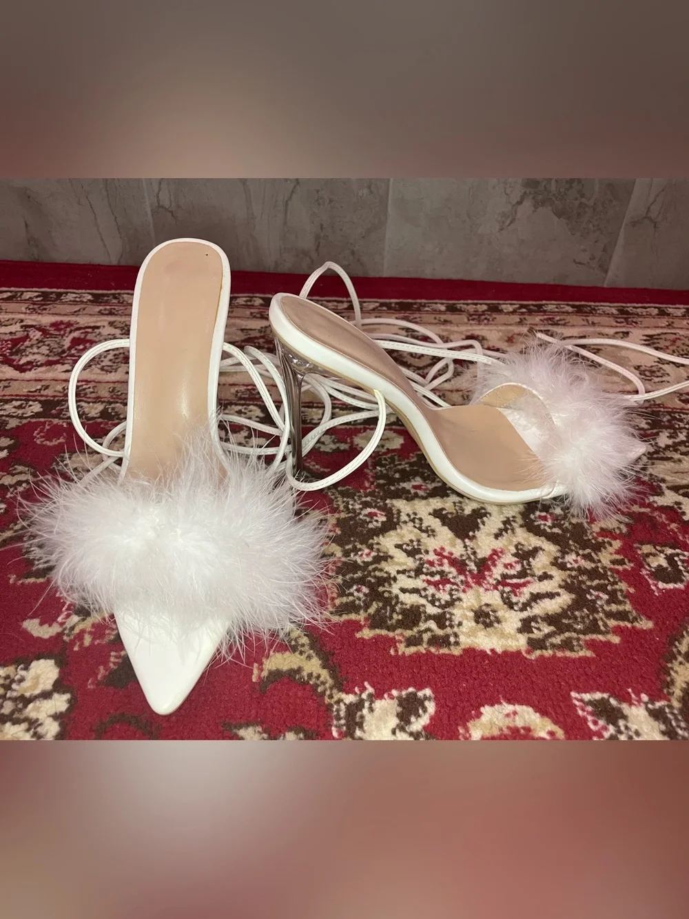Amazon White Feather-Trim Lace-Up Pointed Toe Heels